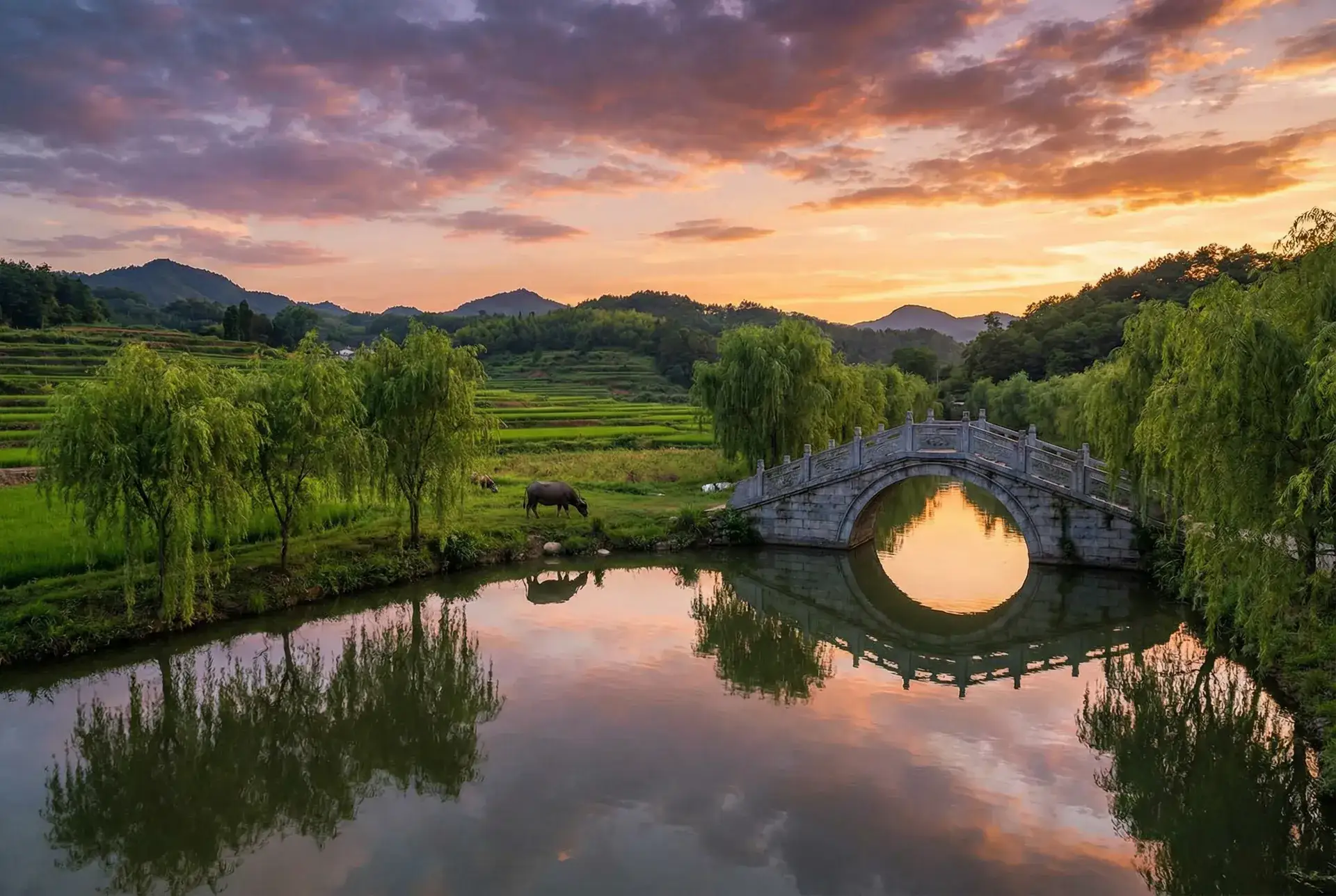 夕阳下的石拱桥与垂柳，水牛在河边吃草 - 苍井空a v免费视频 乡村美景